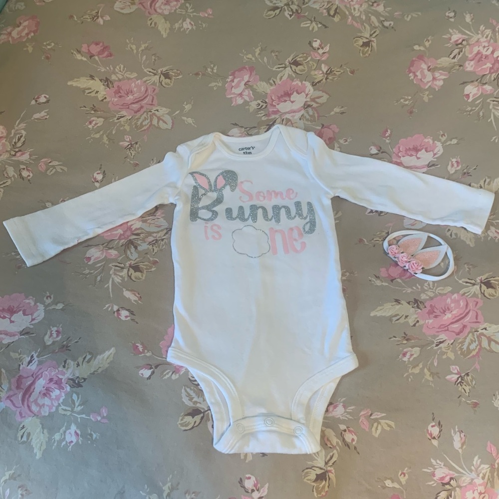 Some Bunny Is One First Birthday Onesie with Rabbit Ears Headband Size 12 Months